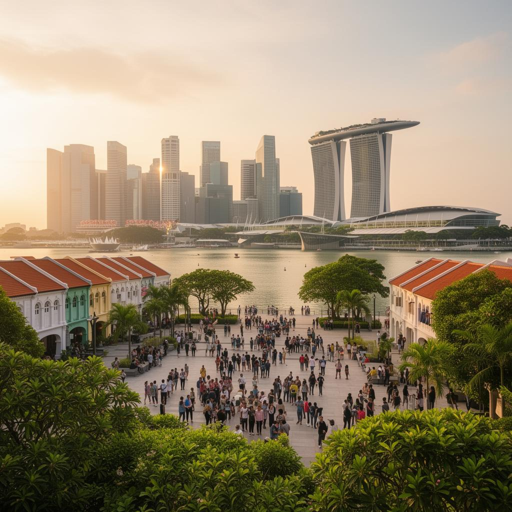 Marina Bay at golden hour — the promenade busy with people, shophouses in the foreground and the Singapore skyline beyond